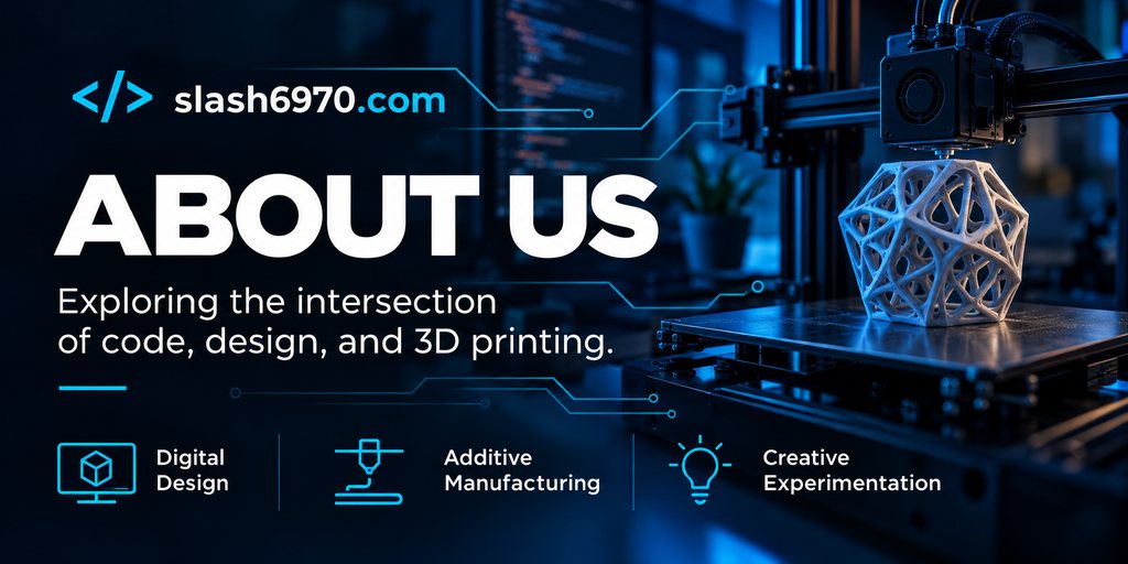 slash6970.com, About us: Exploring the intersection of code, design, and 3D printing. Three highlights: Digital Design, Additive Manufacturing, and Creative Experimentation. On the right, a 3D printer prints a white lattice sculpture in a dark blue workshop.