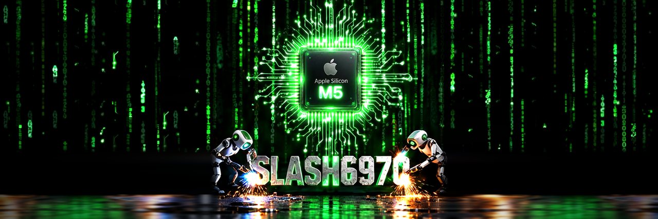 SLASH6970 wordmark welded by two robots beneath a glowing M5 chip, with falling green code.